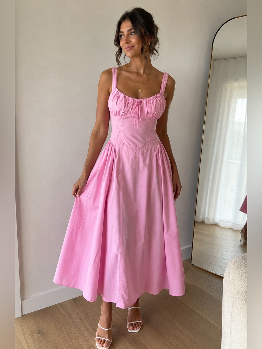 Moon River Pink Drop Waist Corset Midi Dress Size L Coquette Milkmaid Romantic